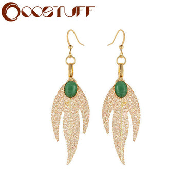 Beautiful Gold Leaf Women Earrings Green Stone Wholesale Hotselling Jewelry Dangle Pendientes brincos Hotsale Earrings for Women daiiibabyyy